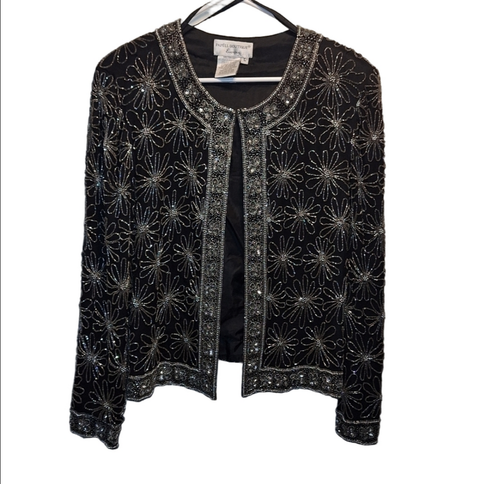 Papell Boutique Black Silver Beaded Blazer Evening Jacket Large